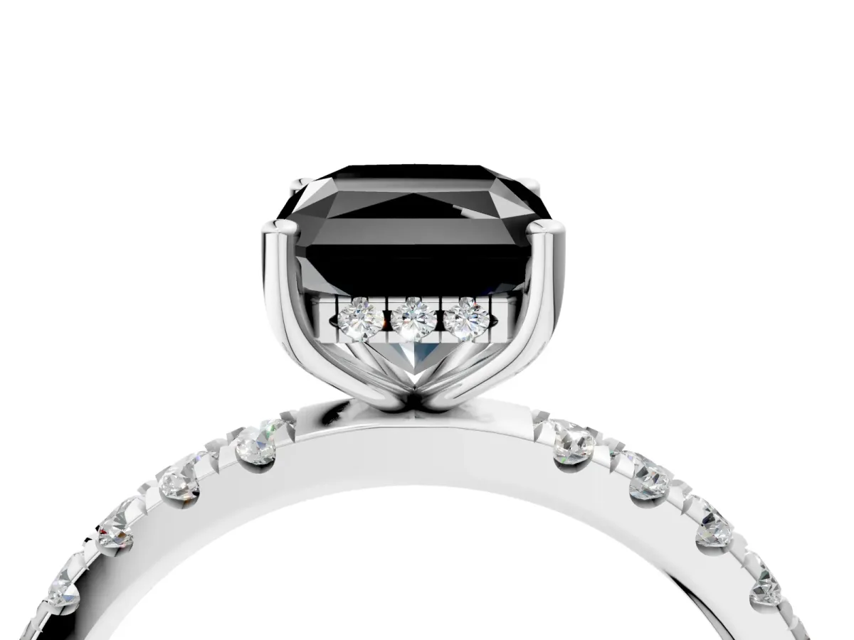 Fancy Black Radiant Cut Diamond Pave Band Solitaire Ring with Round and Prong Setting Silver