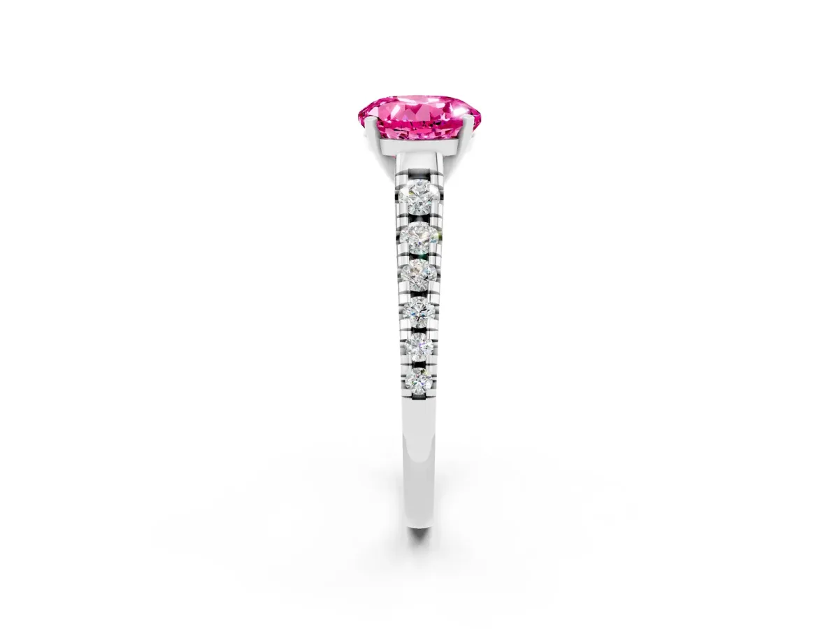 Round Cut Pink Sapphire Cathedral Solitaire Ring with Round Pavé Band Silver