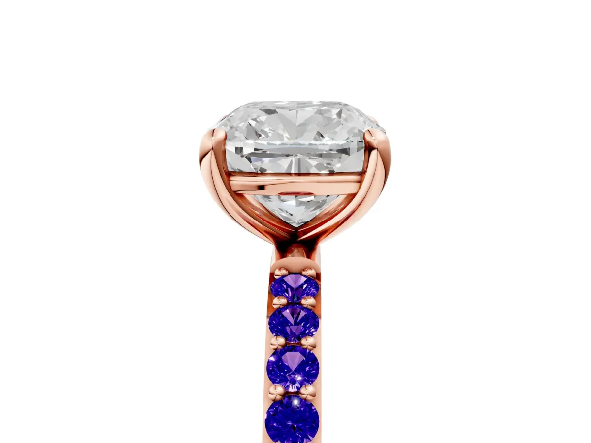 Cushion Cut Diamond Solitaire Ring with Round Tanzanite Pavé Band and Prong Setting Rose gold