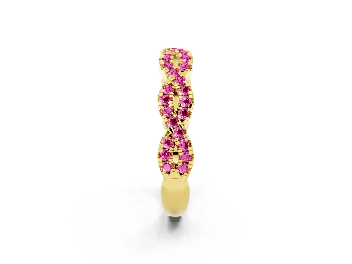 Round Pink Sapphire Twisted Eternity Band with Pavé and Shared Prong Setting Yellow gold