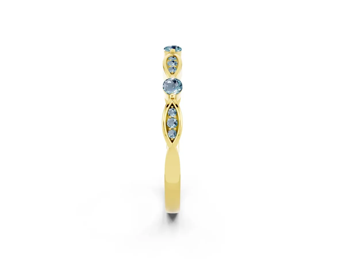 Marquise and Round Aquamarine Milgrain Band with Bezel Setting Yellow gold