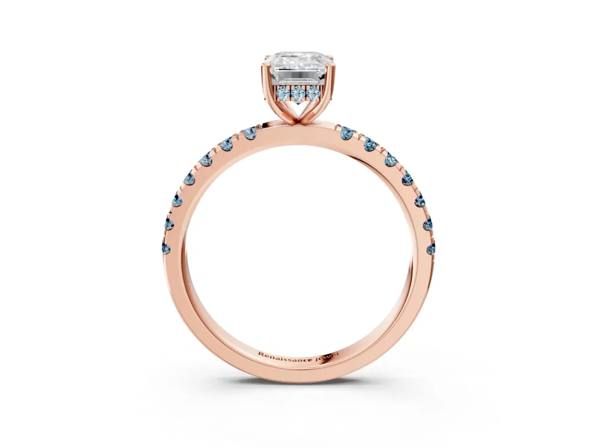 Emerald Cut Diamond Pave Band Solitaire Ring with Round Aquamarine and Prong Setting Rose gold