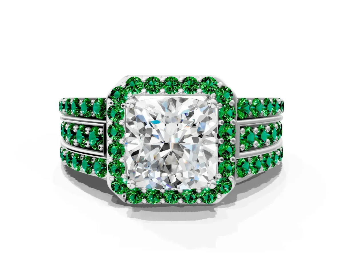 Cushion Cut Halo Diamond Ring with Round Emerald Split Shank and Prong Setting White gold