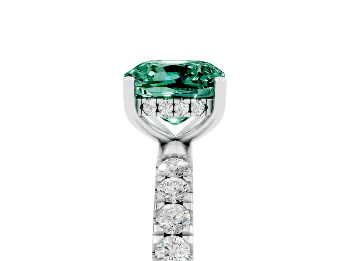 Cushion Cut Green Sapphire Pave Band Solitaire Ring with Round and Prong Setting Silver