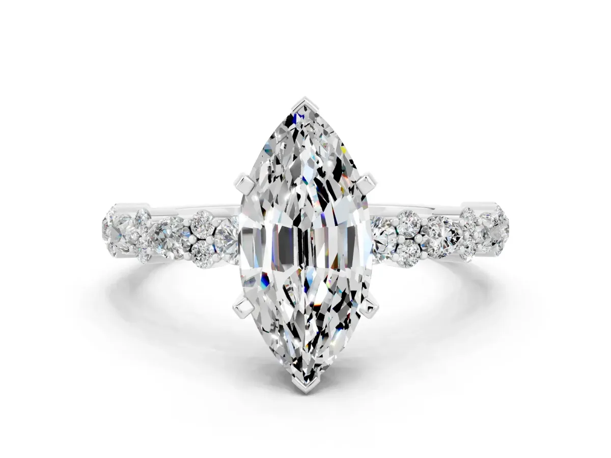 Marquise Cut Moissanite Side Stone Solitaire Ring with Round and Four-Prong Setting White gold