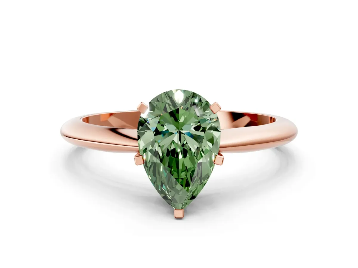 Fancy Green Pear Cut Diamond Solitaire Engagement Ring with Classic Band and Four-Prong Setting Rose gold