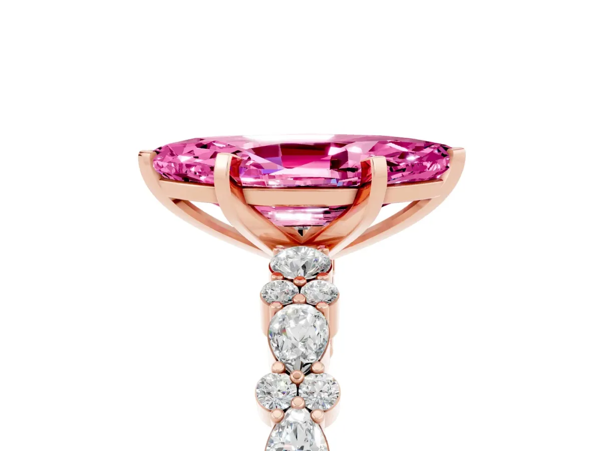 Marquise Cut Pink Sapphire Side Stone Solitaire Ring with Round and Four-Prong Setting Rose gold