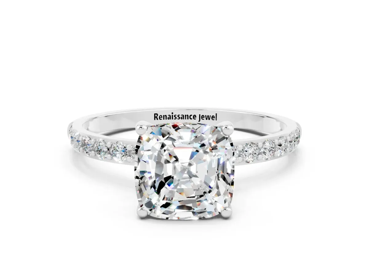 Cushion Cut Moissanite Solitaire Ring with Round Pavé Band and Prong Setting Silver