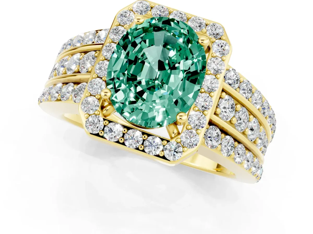 Oval Cut Halo Green Sapphire Ring with Round Split Shank and Prong Setting Yellow gold