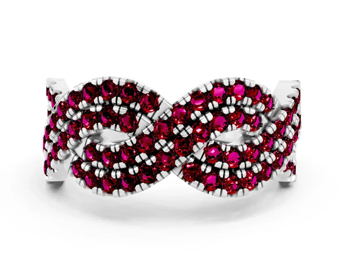 Pavé Round Garnet Infinity Twist Band with Shared Prong Setting Platinum