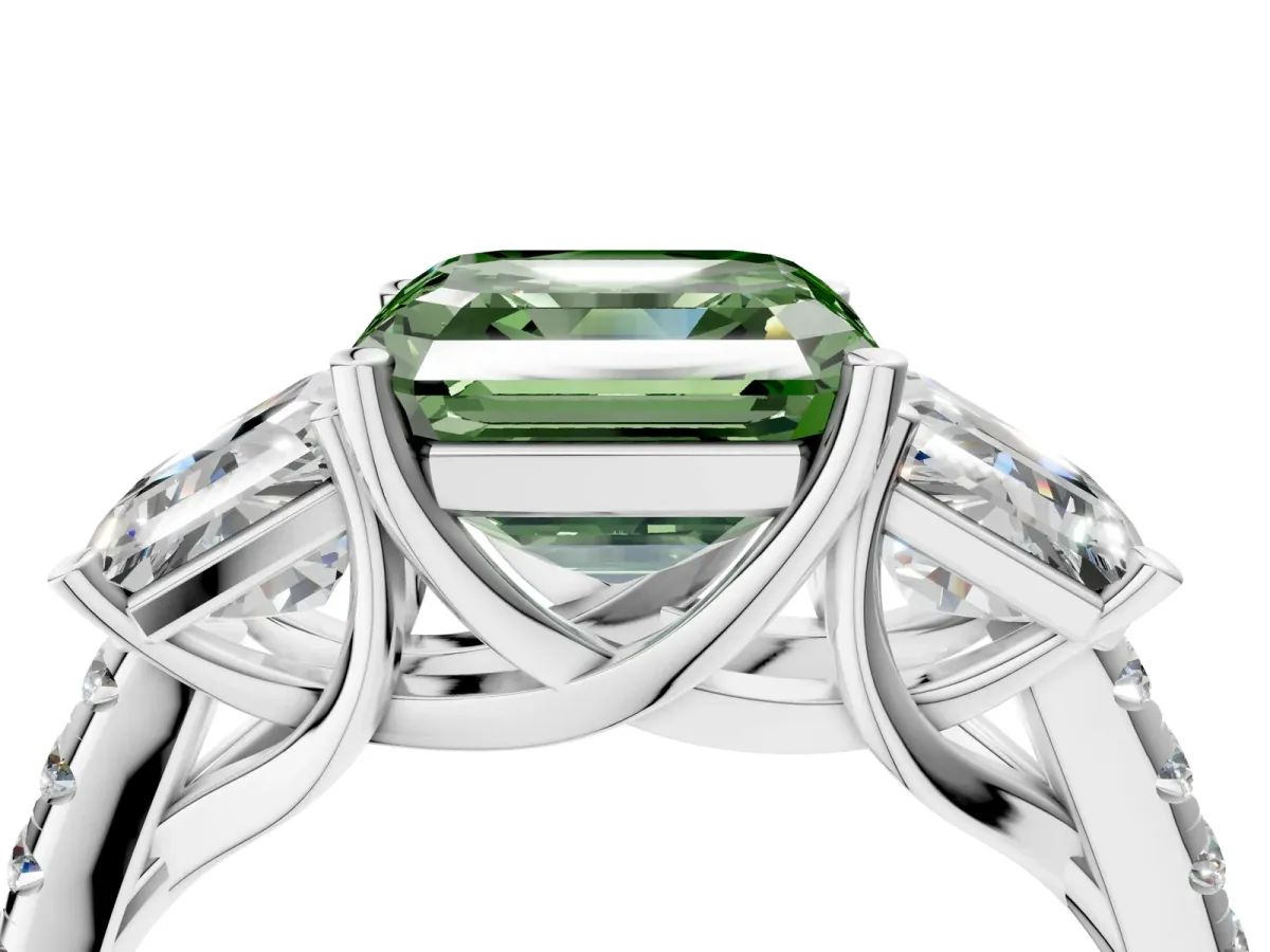 Fancy Green Three-Stone Asscher Cut Diamond Ring with Round Pavé Band and Prong Setting White gold
