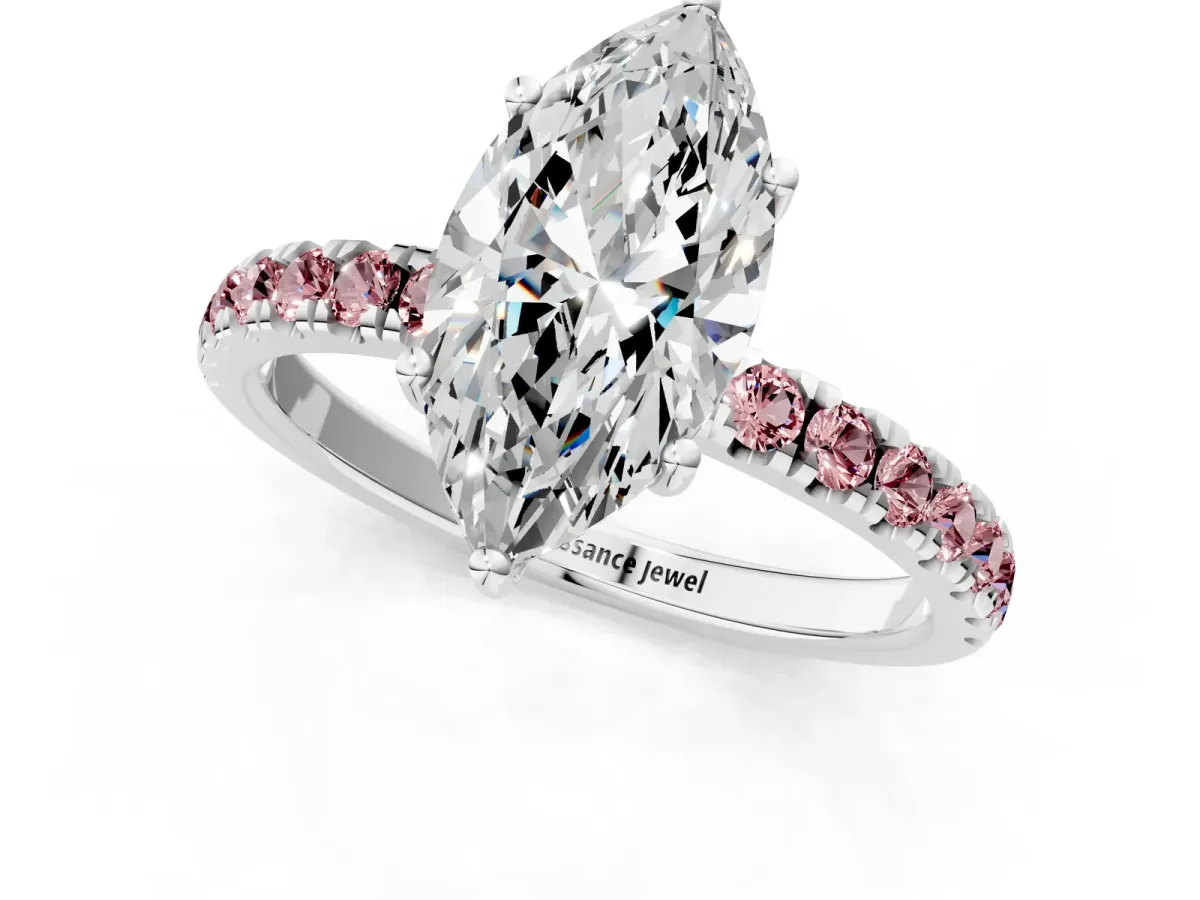 Marquise Cut Diamond Pave Band Solitaire Ring with Round Morganite and Prong Setting Platinum