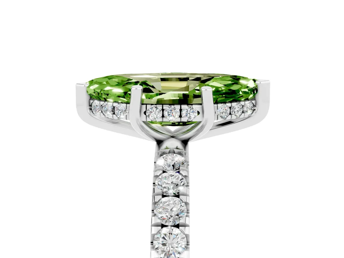 Marquise Cut Peridot Pave Band Solitaire Ring with Round and Prong Setting White gold