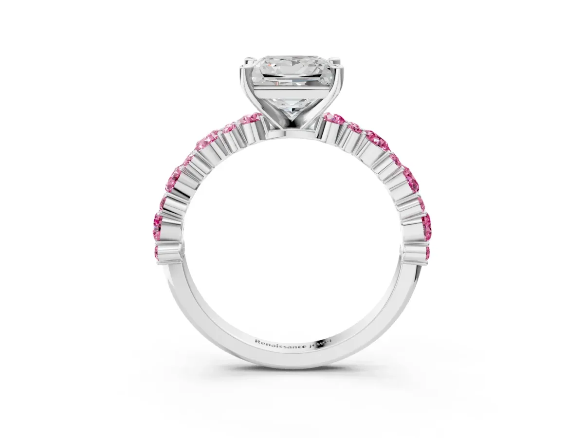 Princess Cut Diamond Side Stone Solitaire Ring with Round Pink Sapphire and Four-Prong Setting Platinum