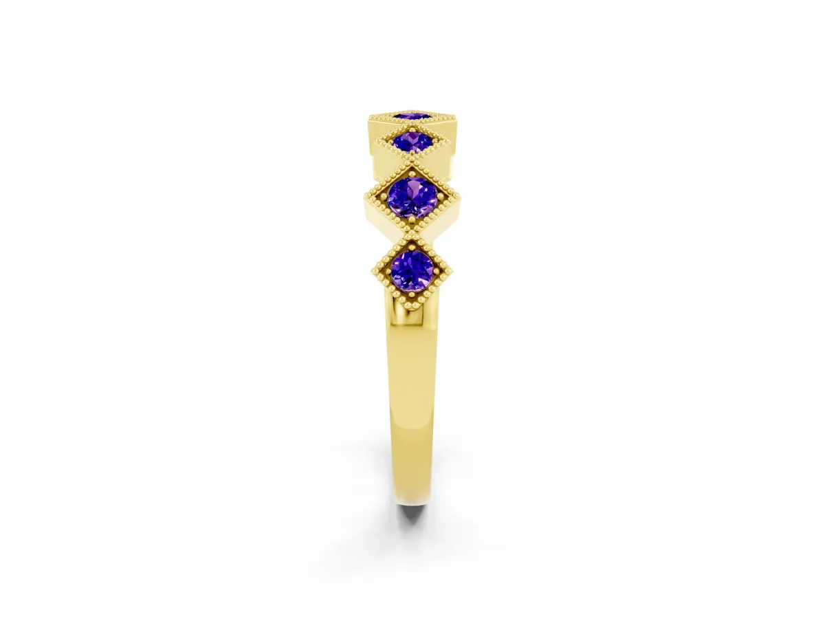 Milgrain Square Bezel Round Tanzanite Chevron Band Yellow gold