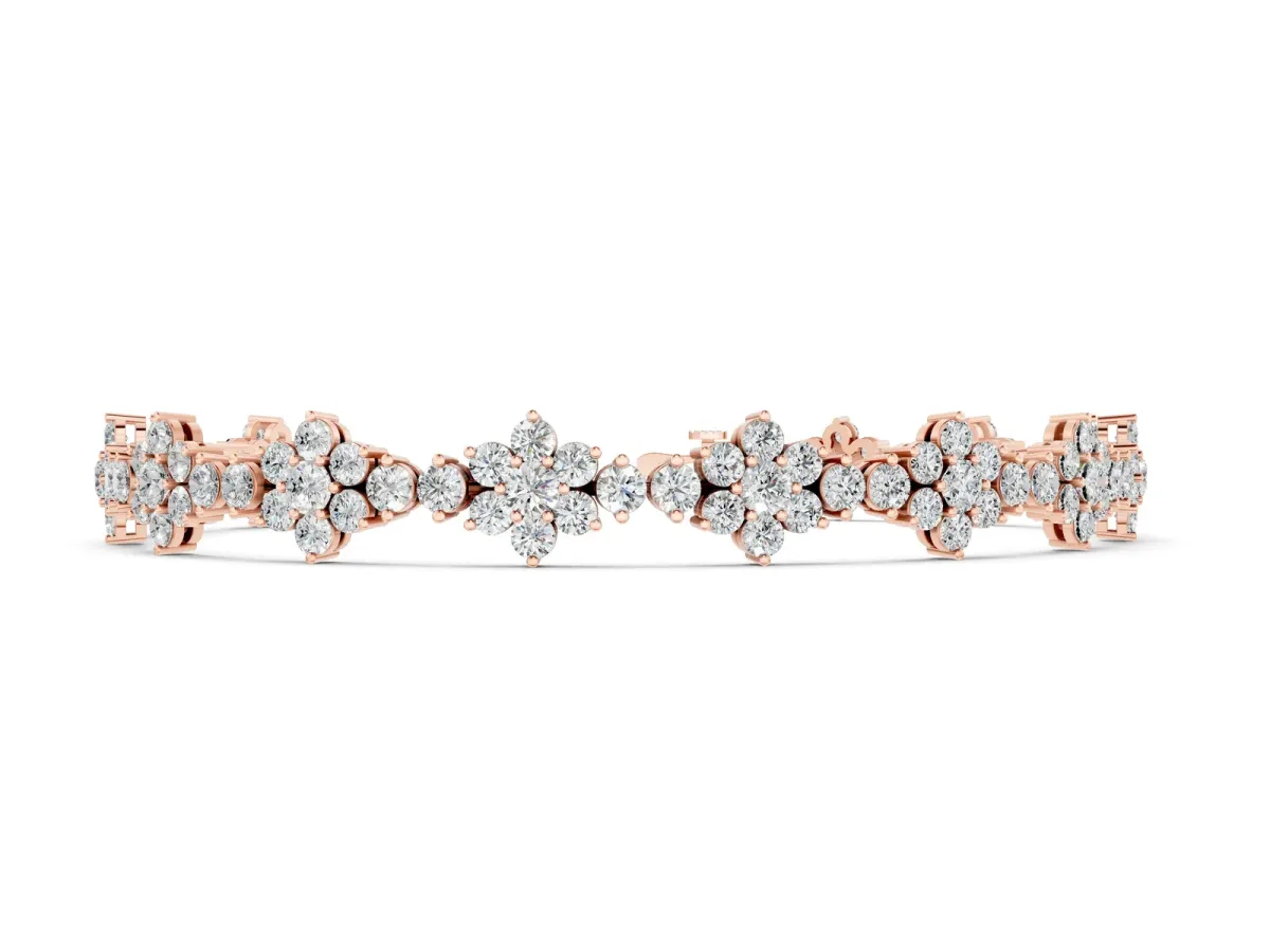 Round Diamond Floral Cluster Tennis Bracelet with Prong Setting Rose gold