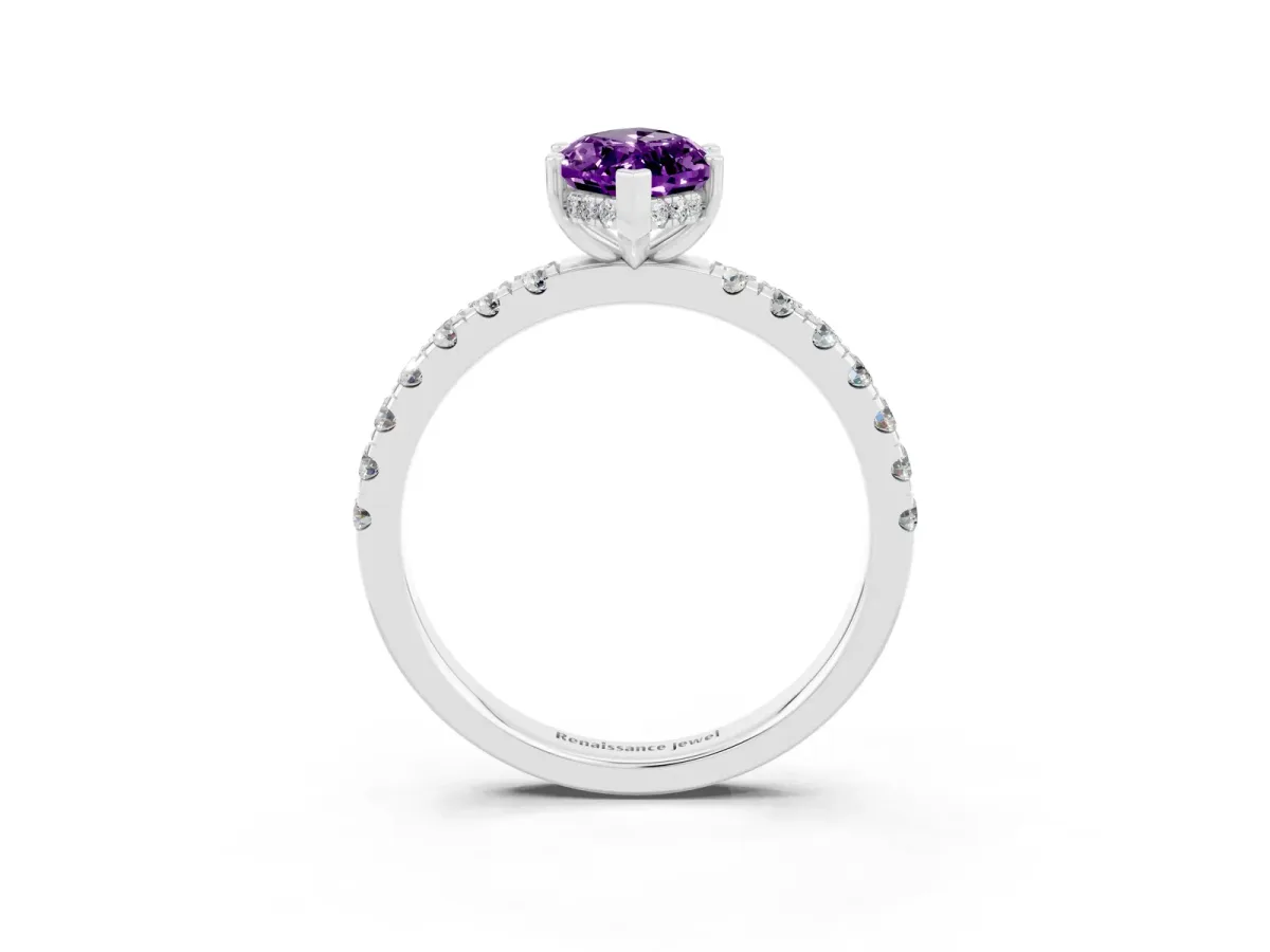 Marquise Cut Amethyst Pave Band Solitaire Ring with Round and Prong Setting Platinum
