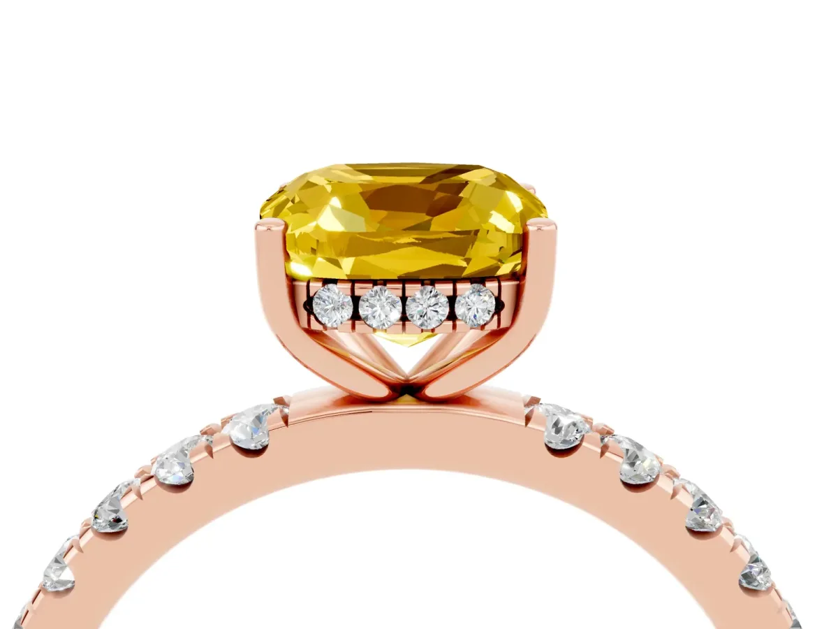 Cushion Cut Yellow Sapphire Pave Band Solitaire Ring with Round and Prong Setting Rose gold