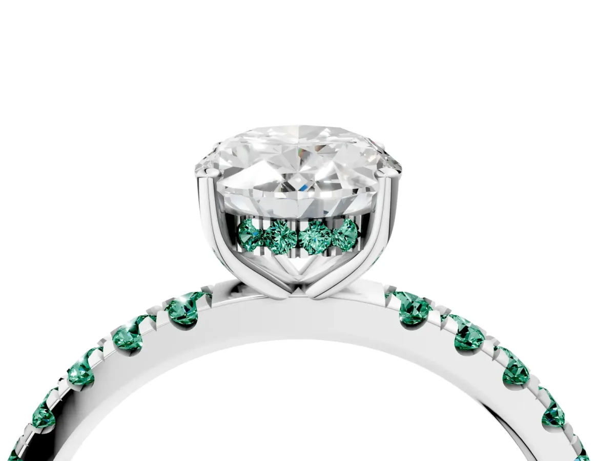 Oval Cut Diamond Pave Band Solitaire Ring with Round Green Sapphire and Prong Setting Silver