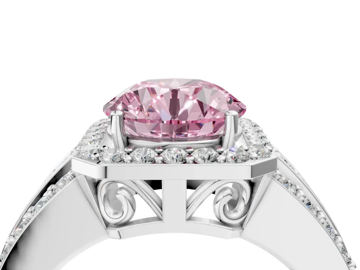 Fancy Pink Round Cut Halo Diamond Ring with Round Split Shank and Prong Setting White gold