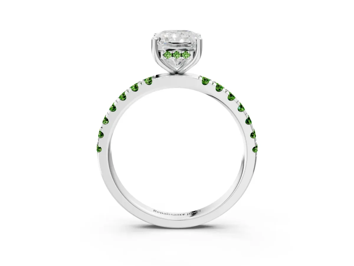 Radiant Cut Diamond Pave Band Solitaire Ring with Round Peridot and Prong Setting Silver