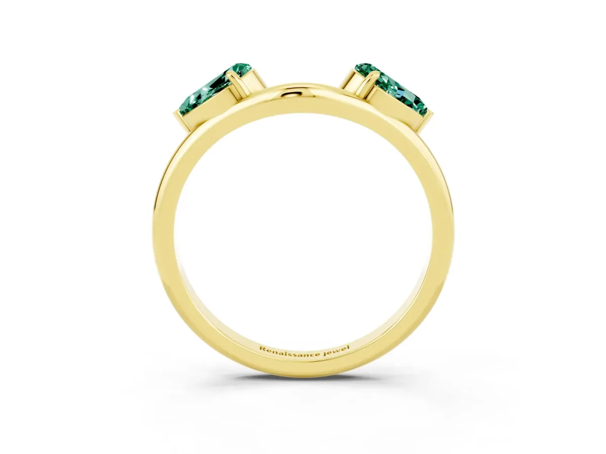 Two-Stone Pear Green Sapphire Bypass Ring with Prong Setting Yellow gold