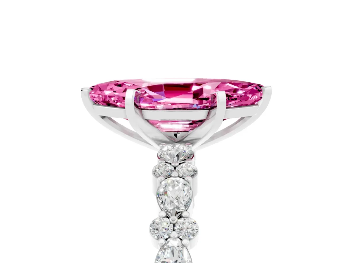 Marquise Cut Pink Sapphire Side Stone Solitaire Ring with Round and Four-Prong Setting White gold