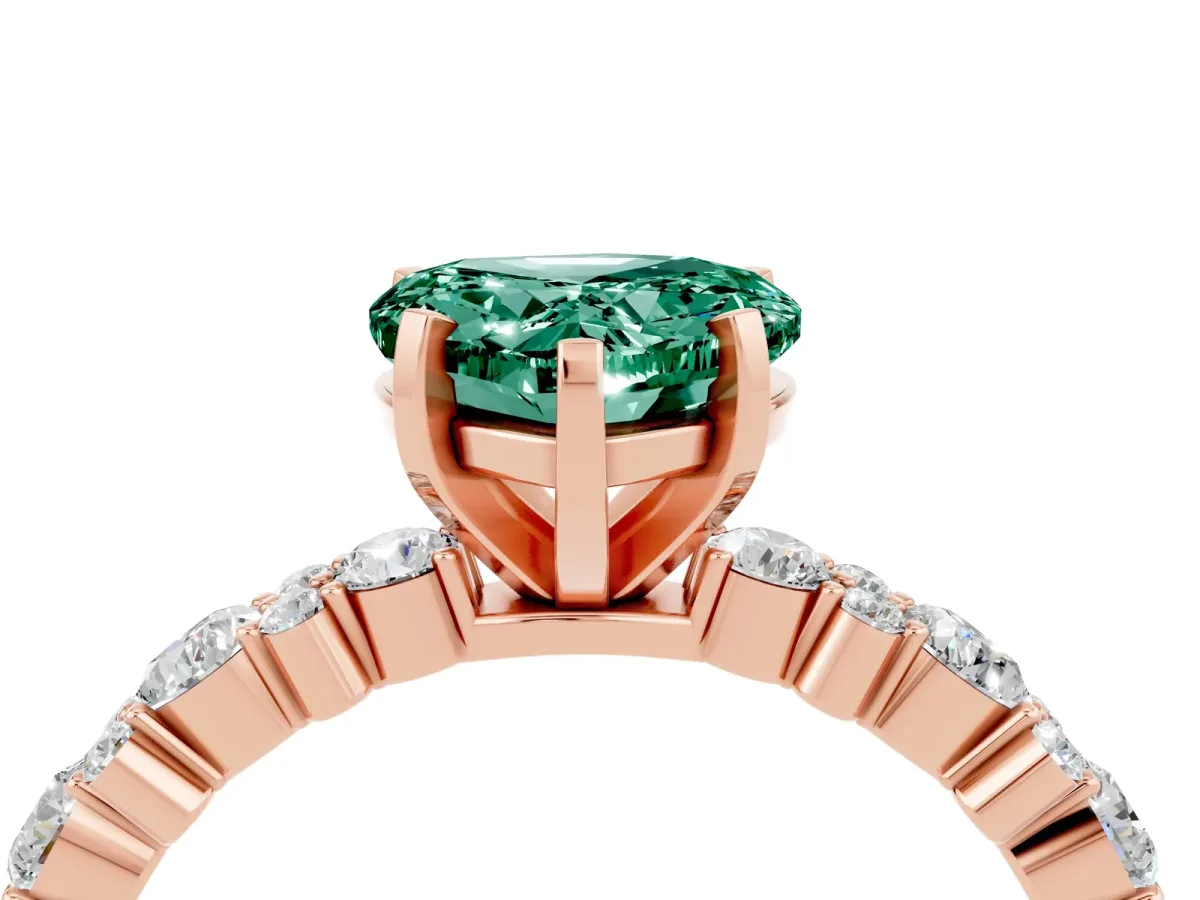 Heart Cut Green Sapphire Side Stone Solitaire Ring with Round and Four-Prong Setting Rose gold