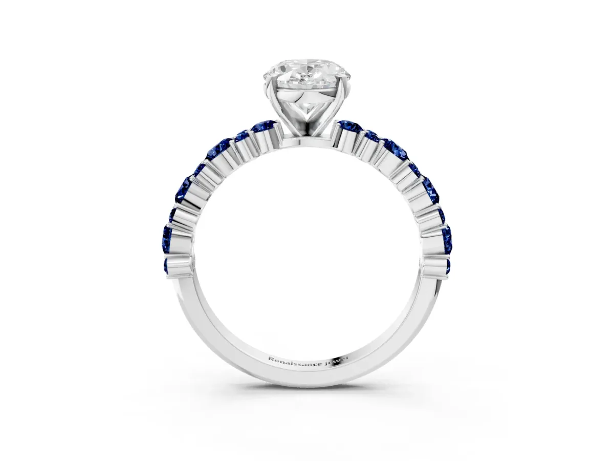 Oval Cut Diamond Side Stone Solitaire Ring with Round Blue Sapphire and Four-Prong Setting Platinum