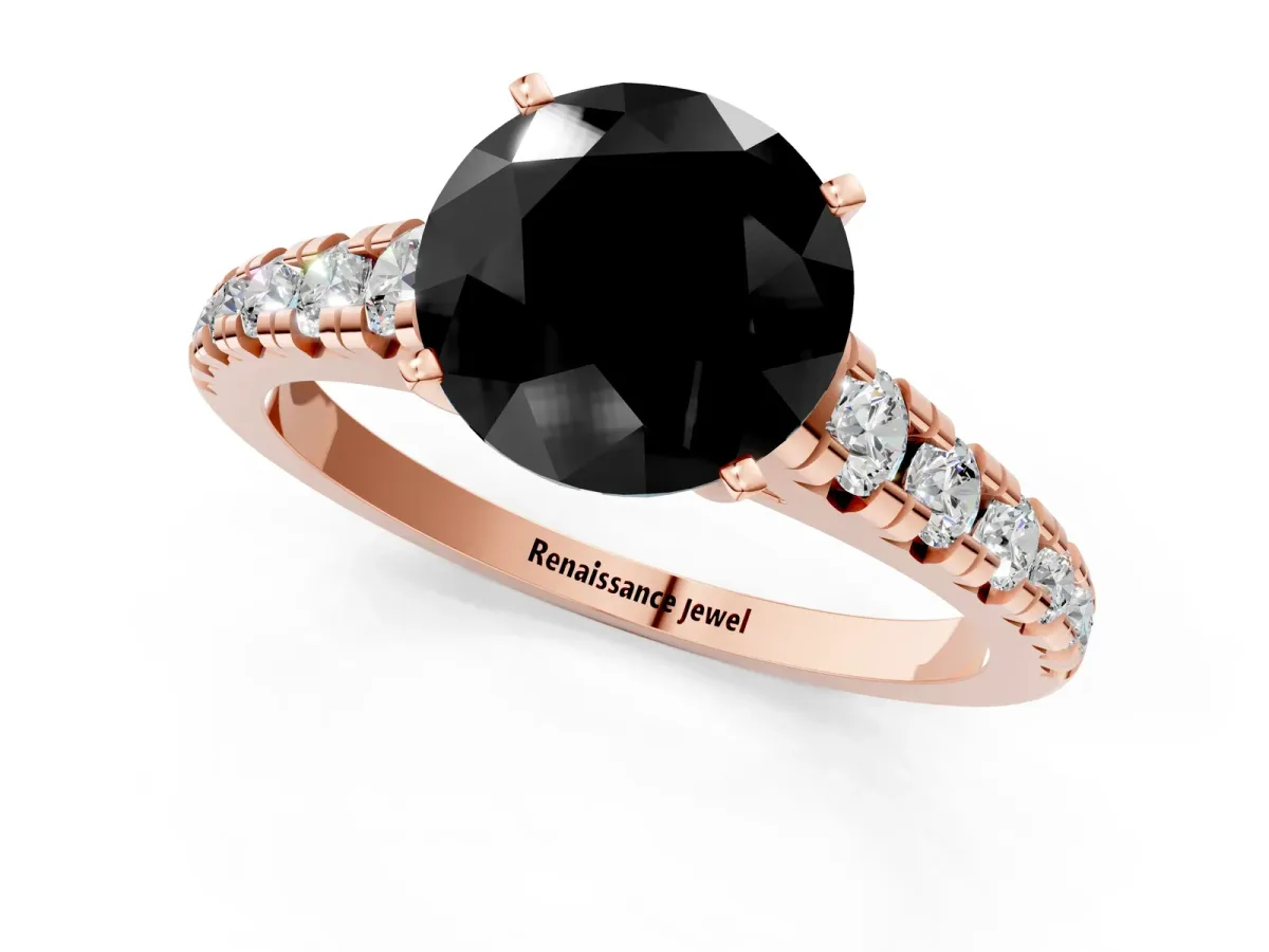 Fancy Black Round Cut Diamond Cathedral Solitaire Ring with Round Pavé Band Rose gold