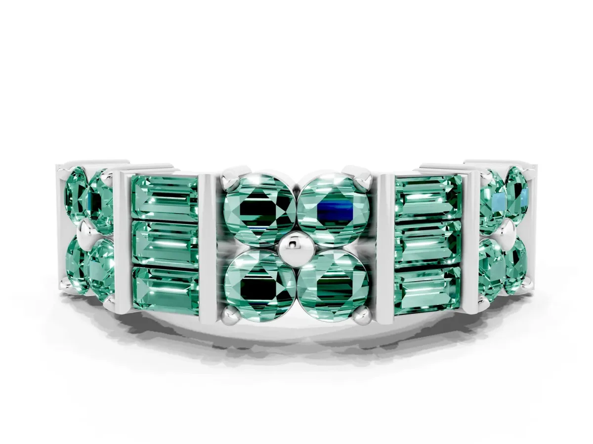 Channel Set Round and Baguette Green Sapphire Anniversary Band with Prong Setting Silver