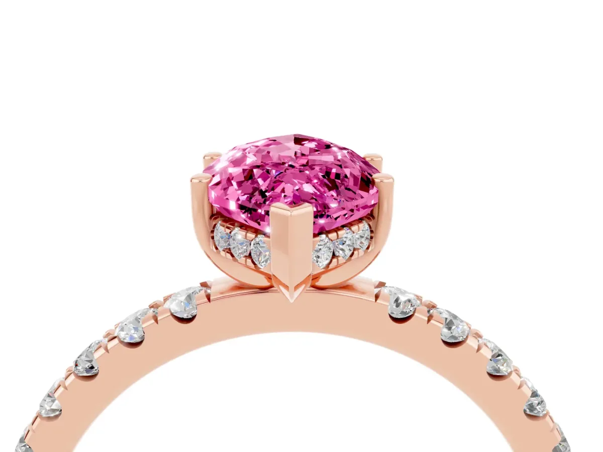 Marquise Cut Pink Sapphire Pave Band Solitaire Ring with Round and Prong Setting Rose gold