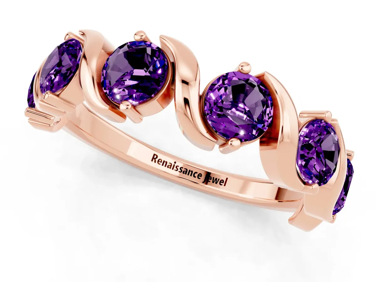 Round Amethyst Half Eternity Band with Wave Prong Setting Rose gold