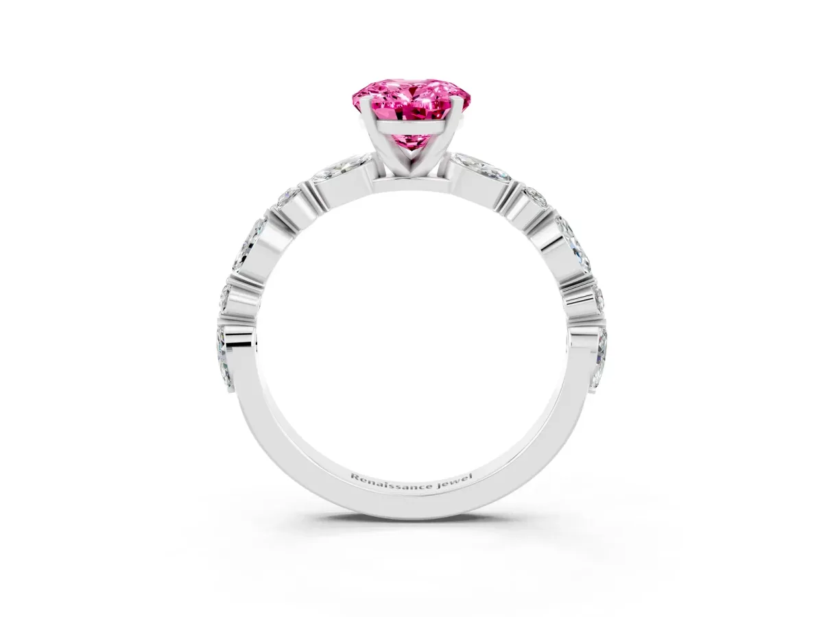 Oval Cut Pink Sapphire Ring with Marquise and Round Side Stones and Four-Prong Setting Platinum