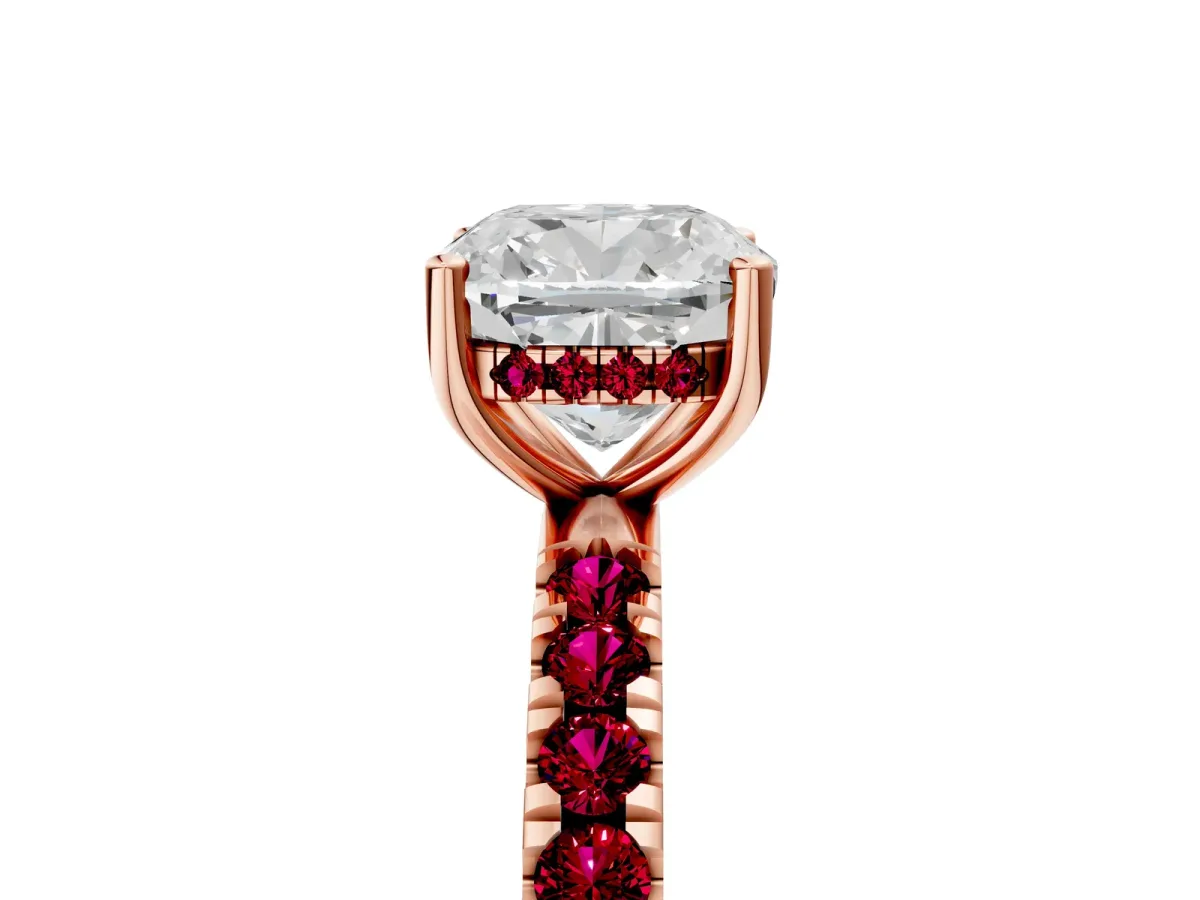 Cushion Cut Diamond Pave Band Solitaire Ring with Round Garnet and Prong Setting Rose gold