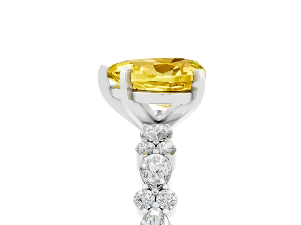 Heart Cut Yellow Sapphire Side Stone Solitaire Ring with Round and Four-Prong Setting Platinum