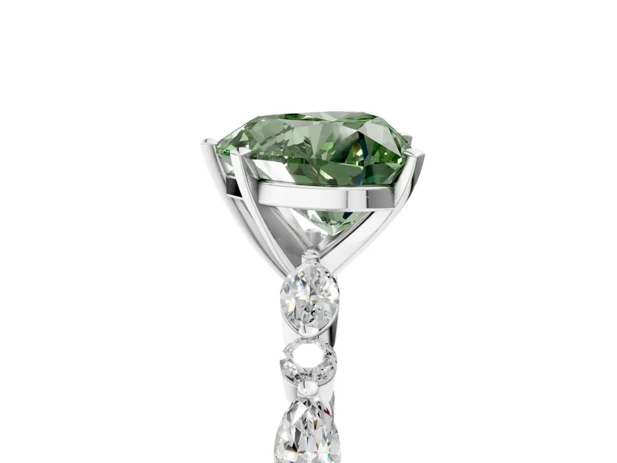 Fancy Green Heart Cut Diamond Ring with Marquise and Round Side Stones and Four-Prong Setting Silver