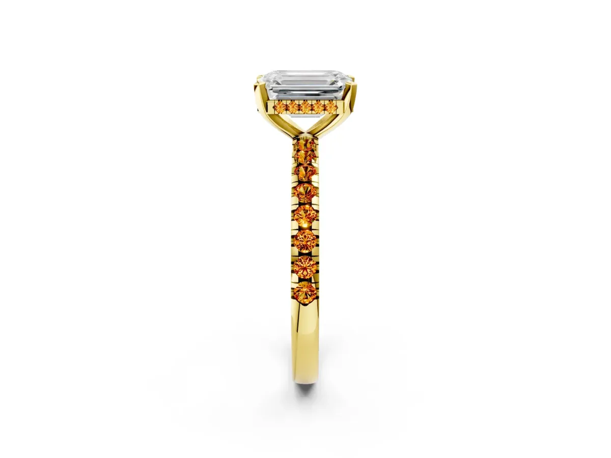Emerald Cut Diamond Solitaire Ring with Round Citrine Pavé Band and Four-Prong Setting Yellow gold