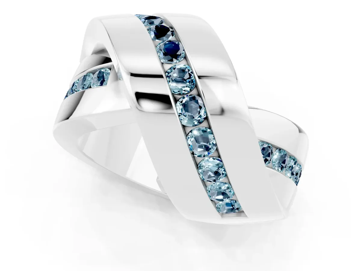 Pavé Round Aquamarine Crossover Band with Channel Setting White gold