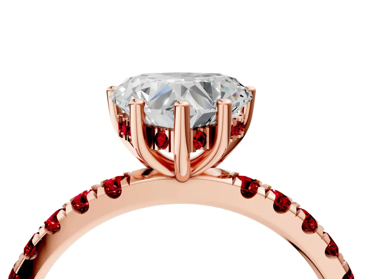 Heart Cut Diamond Pave Band Solitaire Ring with Round Ruby and Prong Setting Rose gold