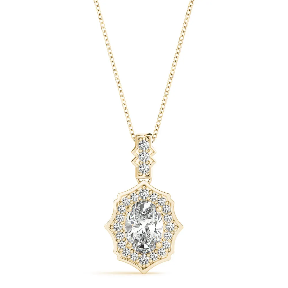 Oval Diamond Halo Pendant with Milgrain Prong Setting Yellow gold