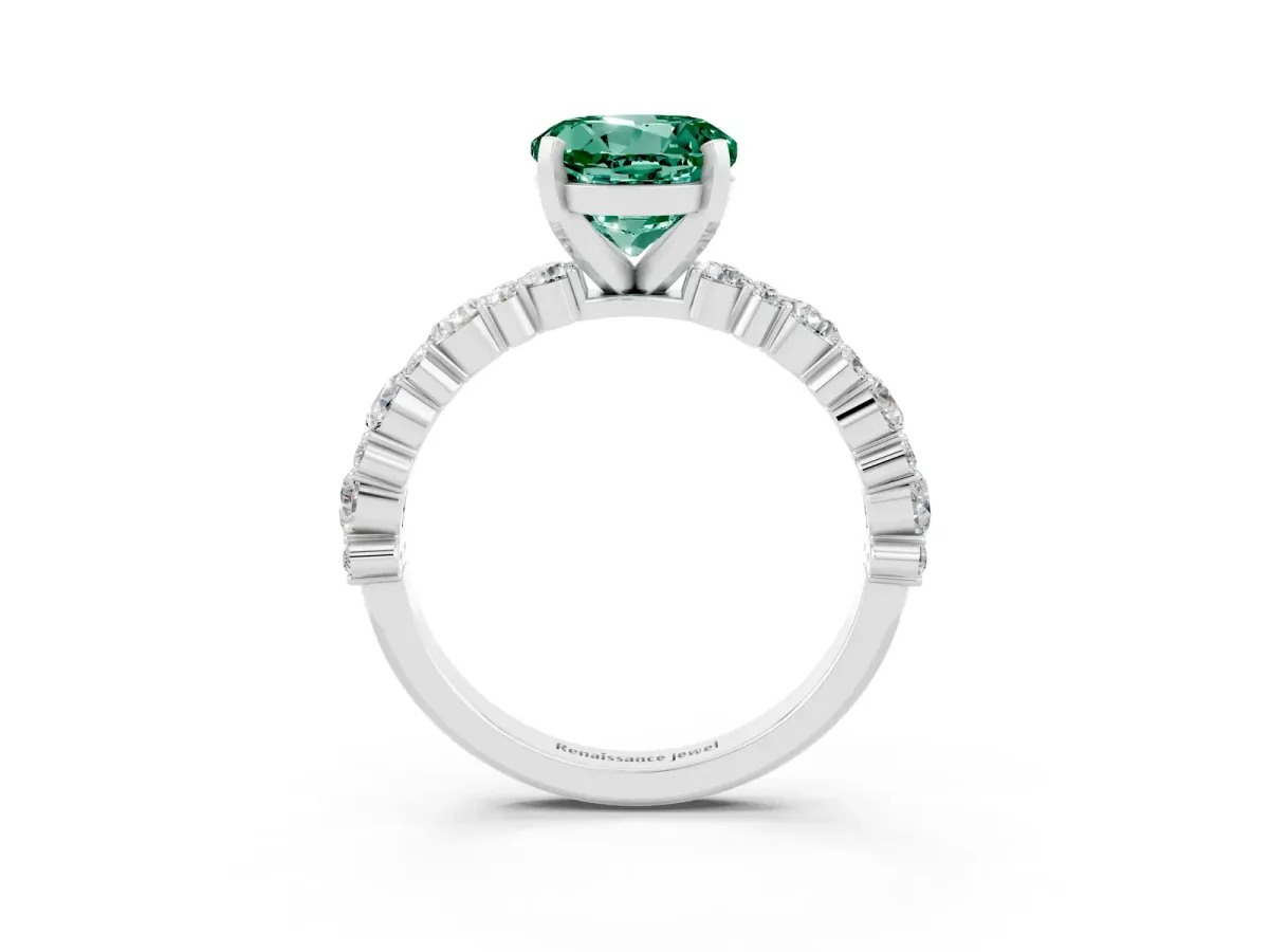 Round Cut Green Sapphire Side Stone Solitaire Ring with Round and Four-Prong Setting White gold