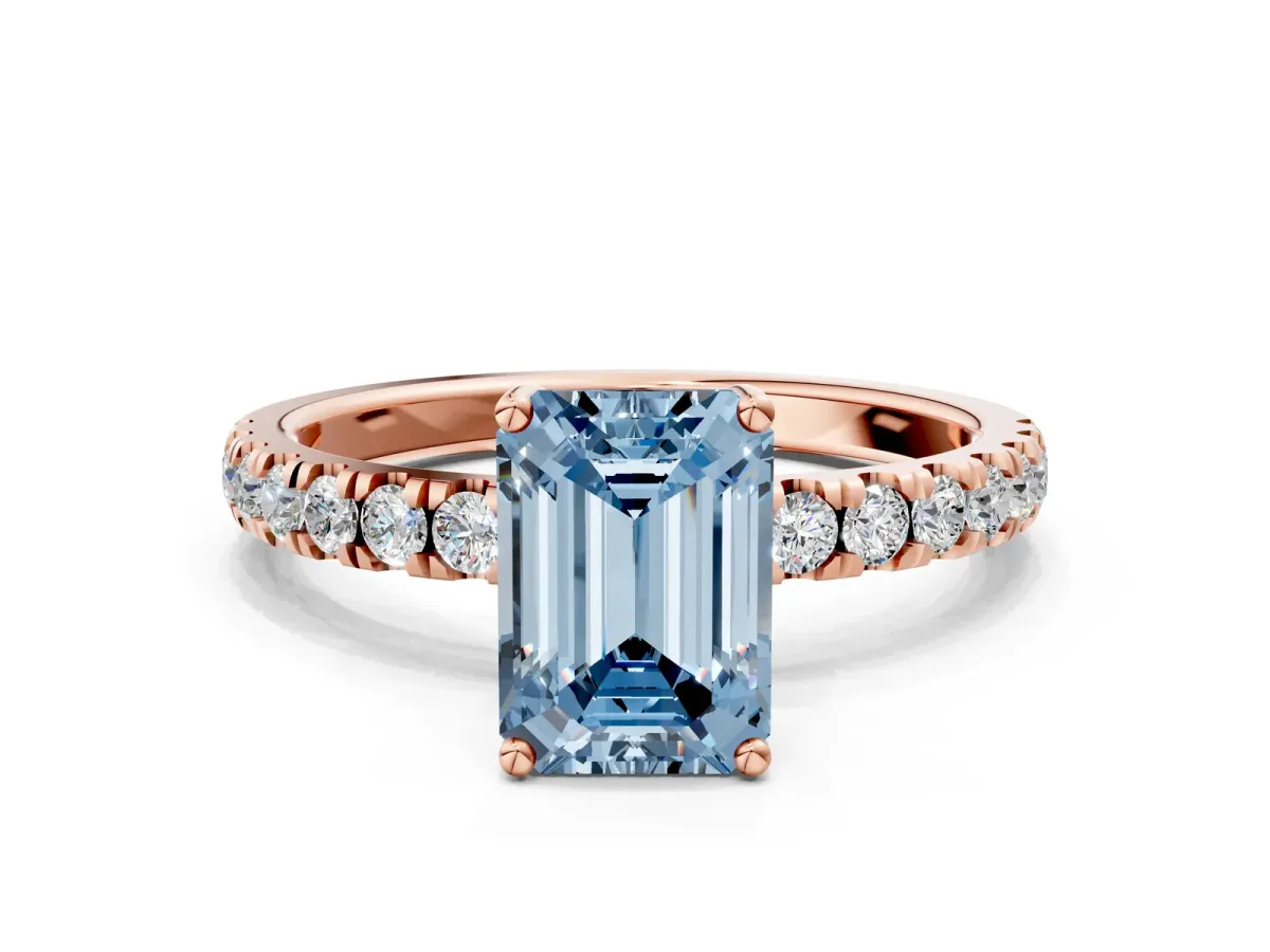Fancy Blue Emerald Cut Diamond Pave Band Solitaire Ring with Round and Prong Setting Rose gold