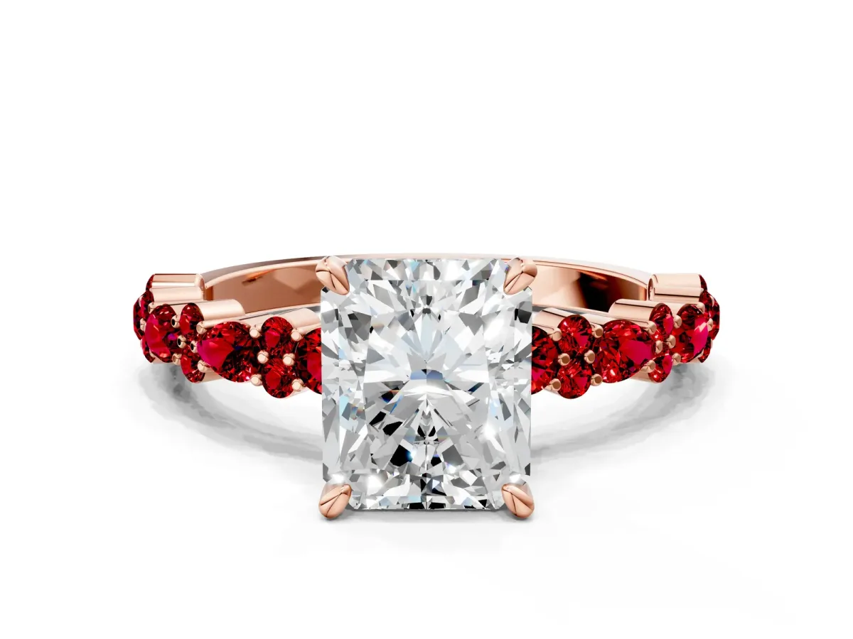 Radiant Cut Diamond Side Stone Solitaire Ring with Round Ruby and Four-Prong Setting Rose gold