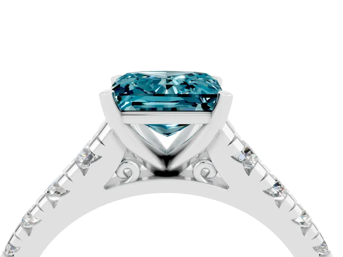 Princess Cut Blue Topaz Cathedral Solitaire Ring with Round Pavé Band Silver
