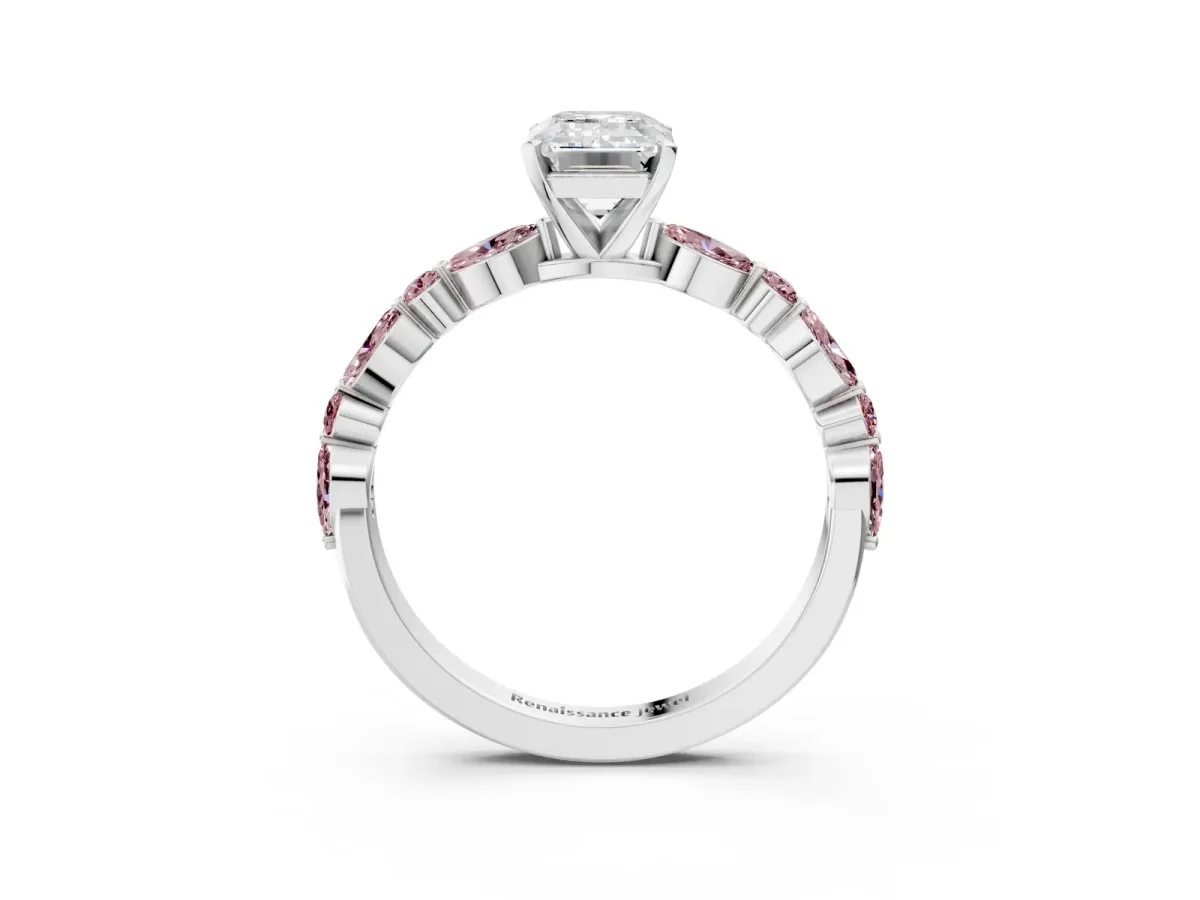 Emerald Cut Diamond Ring with Marquise and Round Morganite Side Stones and Four-Prong Setting Silver