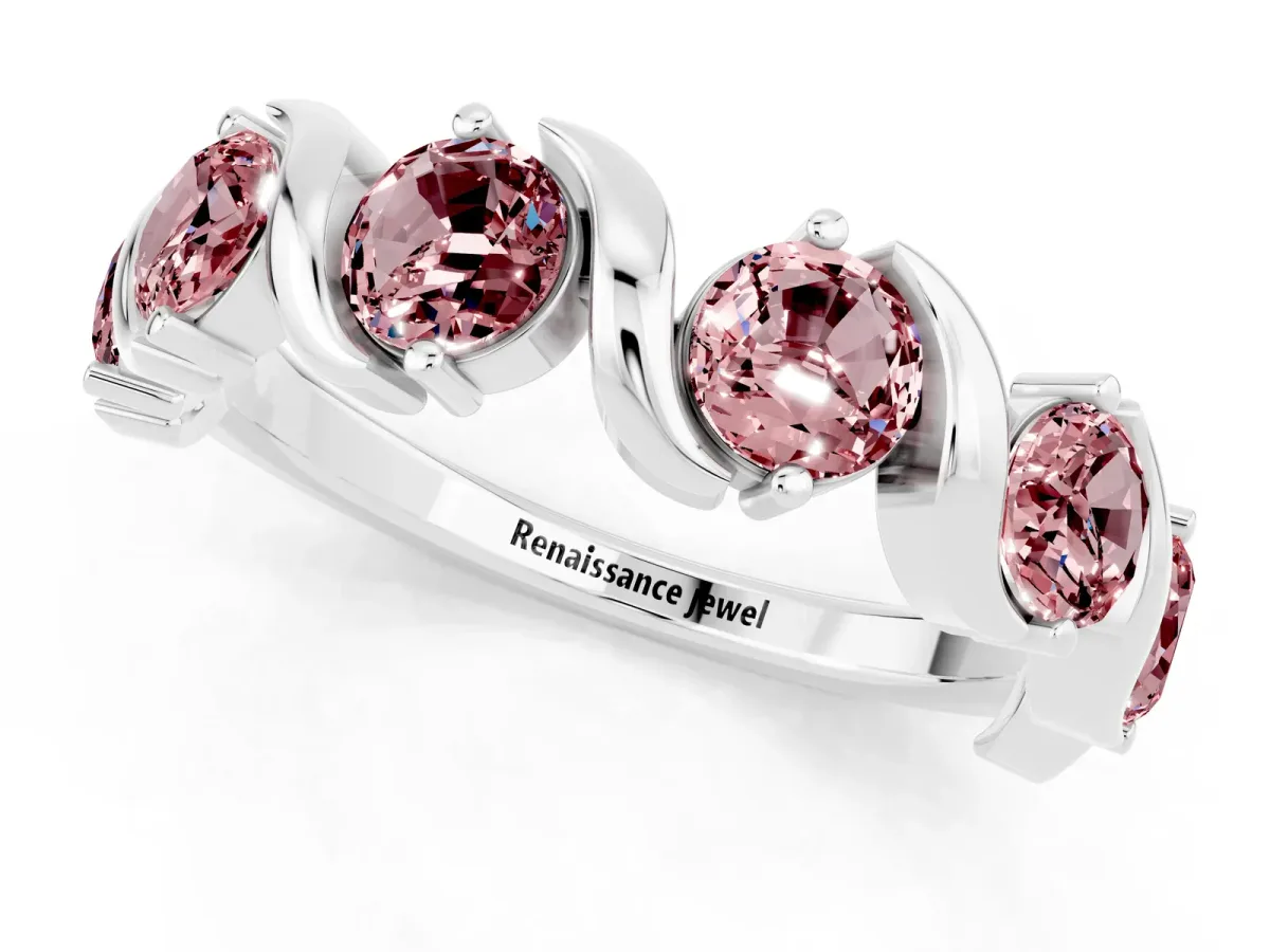 Round Morganite Half Eternity Band with Wave Prong Setting Silver