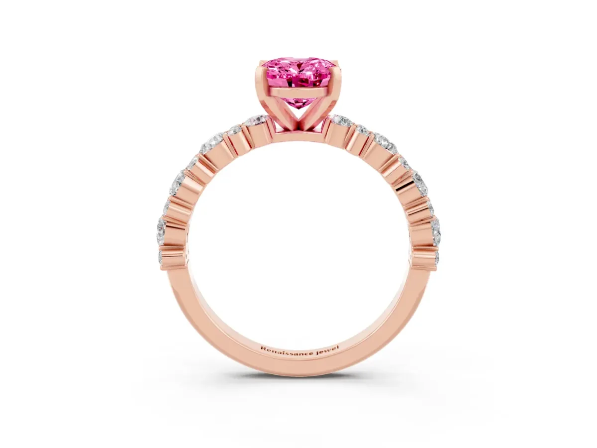 Oval Cut Pink Sapphire Side Stone Solitaire Ring with Round and Four-Prong Setting Rose gold
