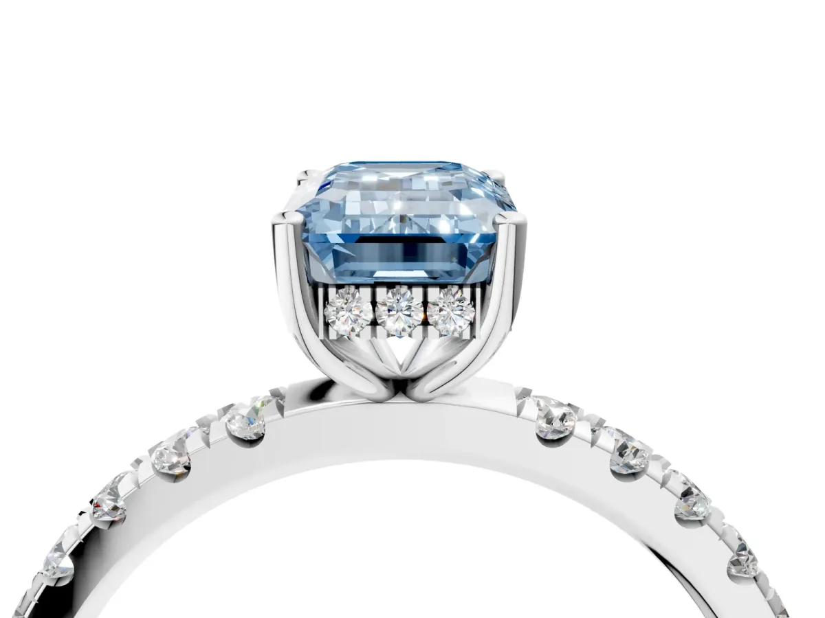 Fancy Blue Emerald Cut Diamond Pave Band Solitaire Ring with Round and Prong Setting Silver
