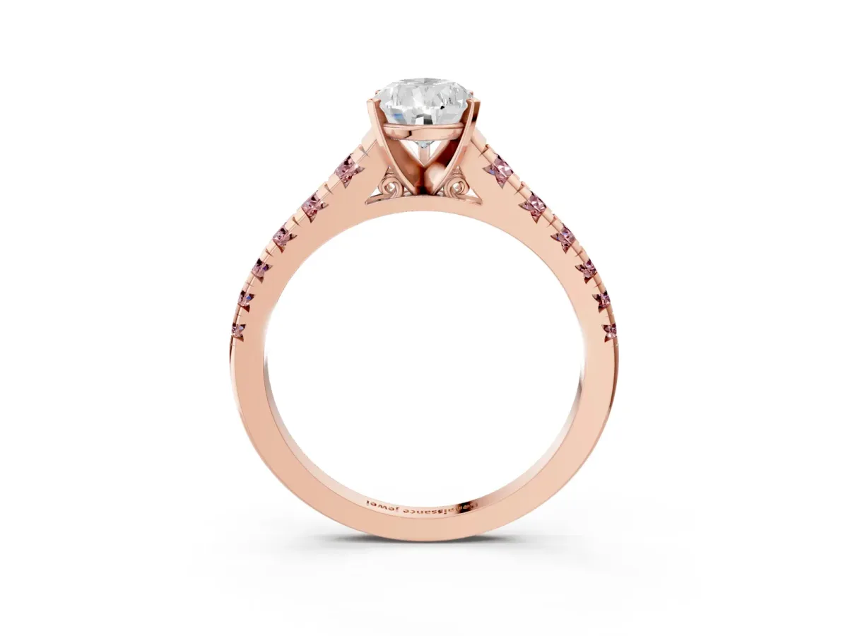Pear Cut Diamond Cathedral Solitaire Ring with Round Morganite Pavé Band Rose gold
